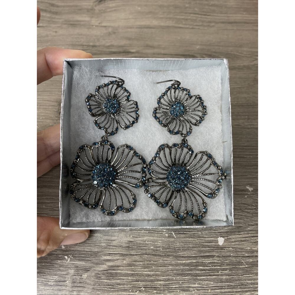 Gunmetal Blue Rhinestone Floral Dangle Earrings Large Flower Statement Jewelry